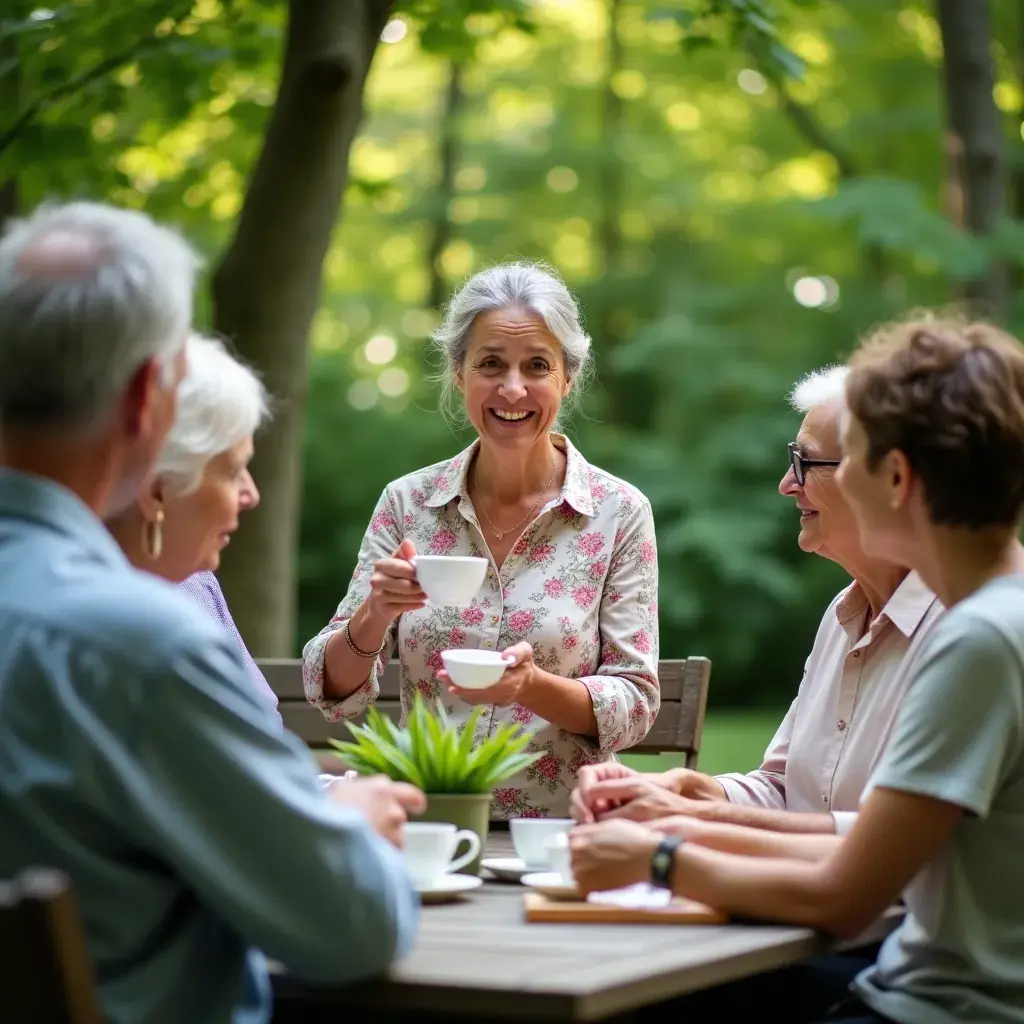 Vue aérienne d'une tasse de thé entourée de feuilles et de fleurs.